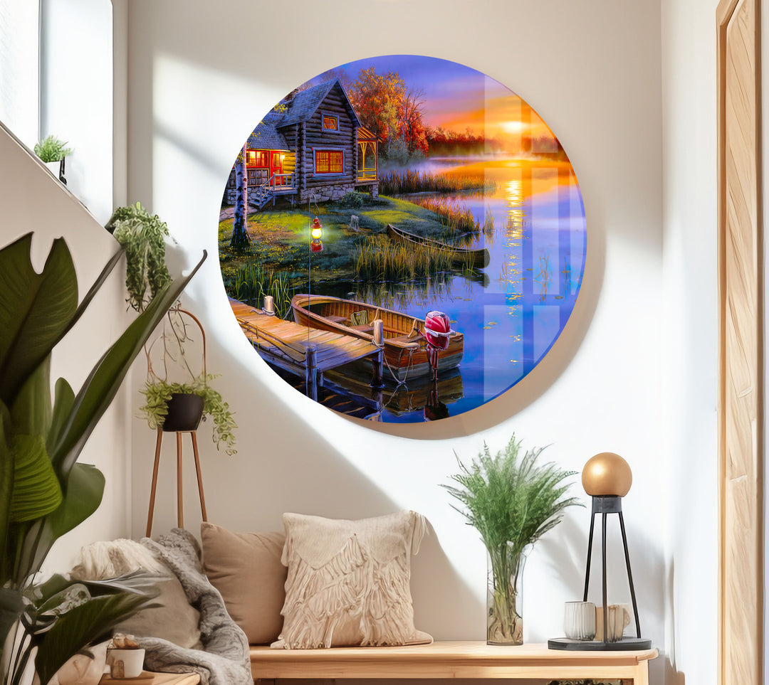 Sunset Lake House Glass Wall Art custom glass pictures, glass art prints