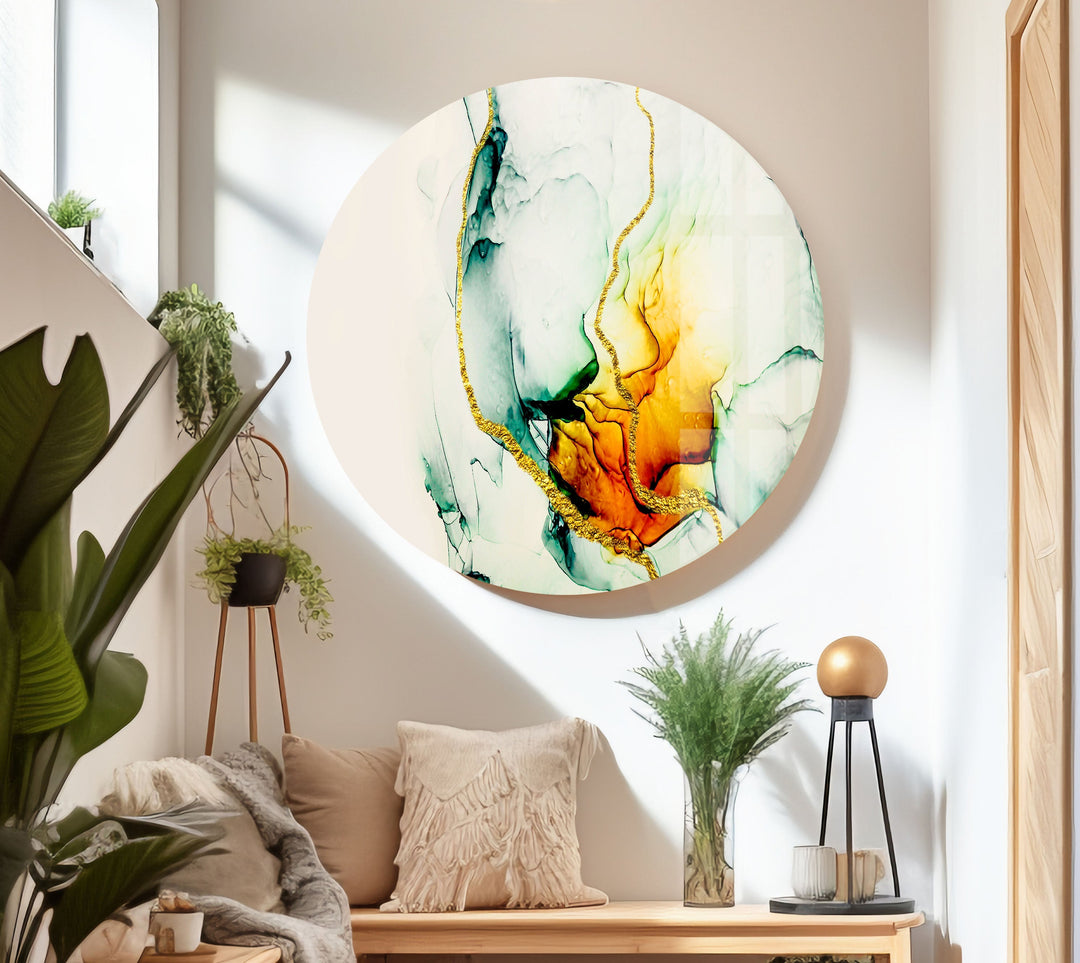 Green and Orange Abstract Round Glass Wall Art