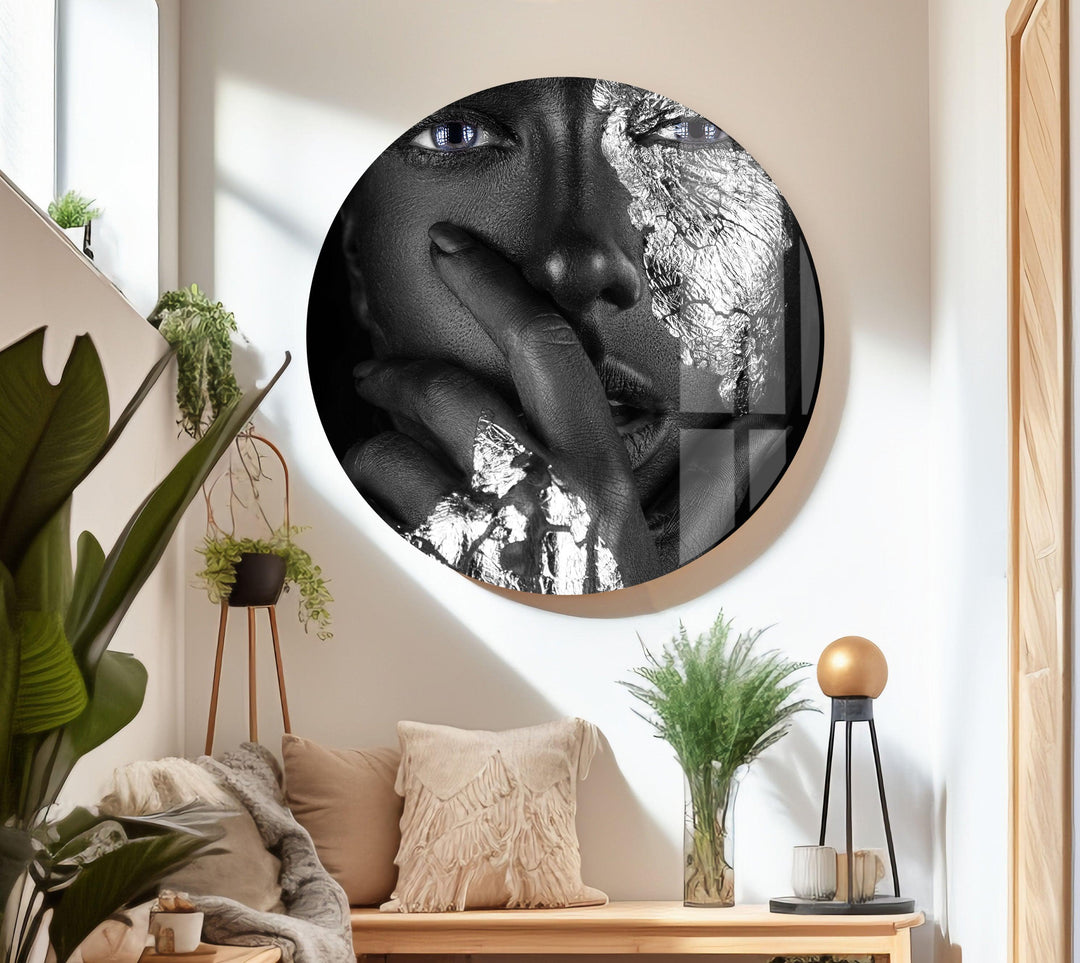 Silver African Woman Glass Wall Art