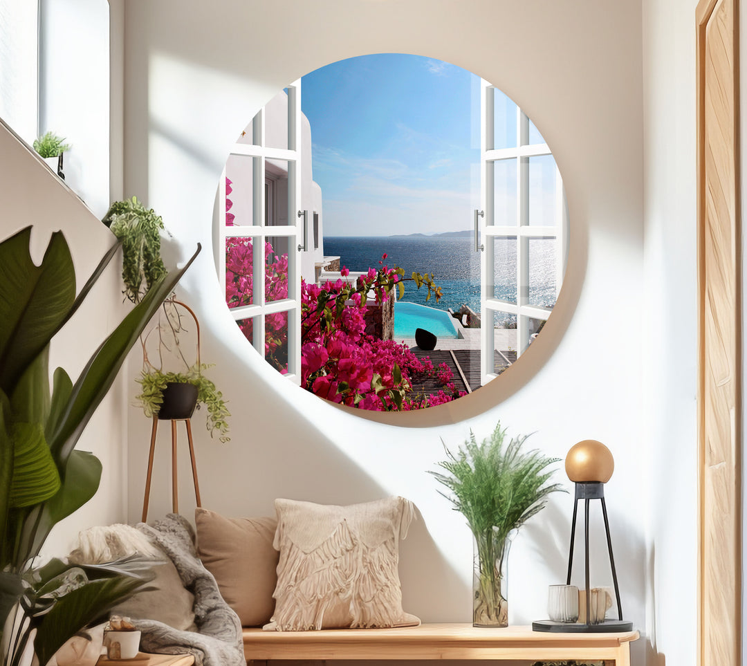 Fake Window Santorini Island Glass Wall Art large glass photo prints, glass wall photos