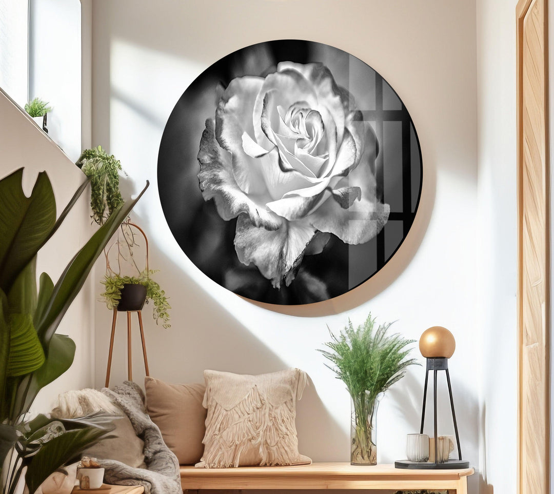 Black - White Rose Glass Wall Art, art glass wall art, glass wall art pictures