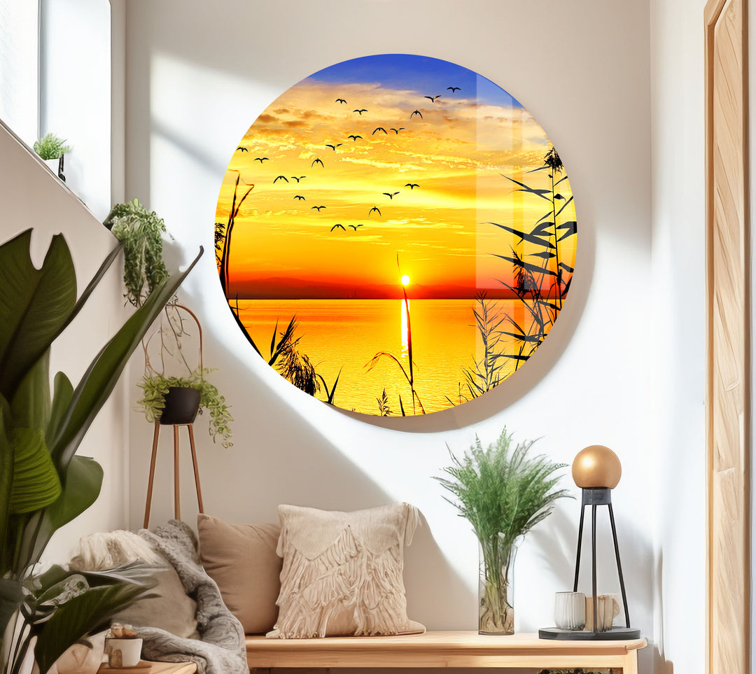 Grass Upon Water By Sunset Glass Wall Art