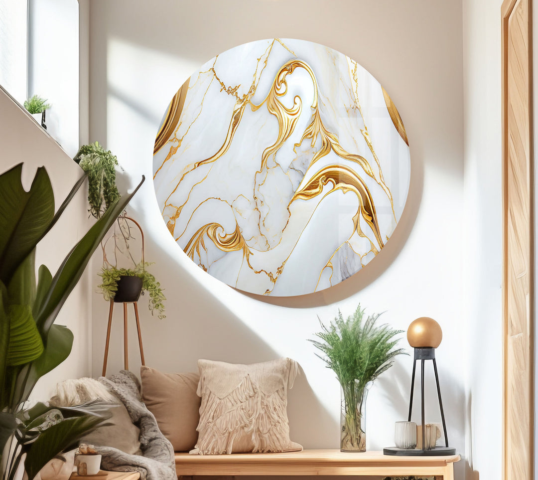 White and Gold Marble Abstract Glass Wall Art