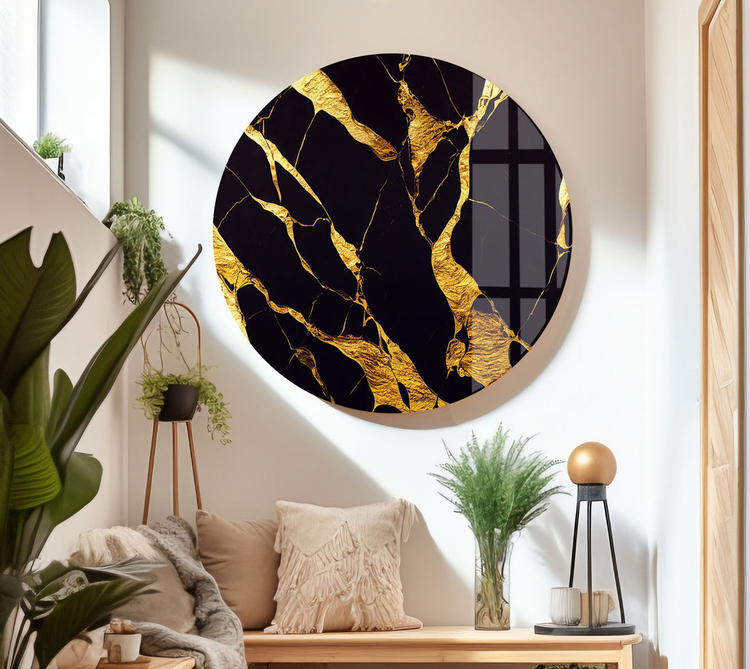 Golden Marbling Abstract Glass Wall Art , large glass photo prints, glass wall photos