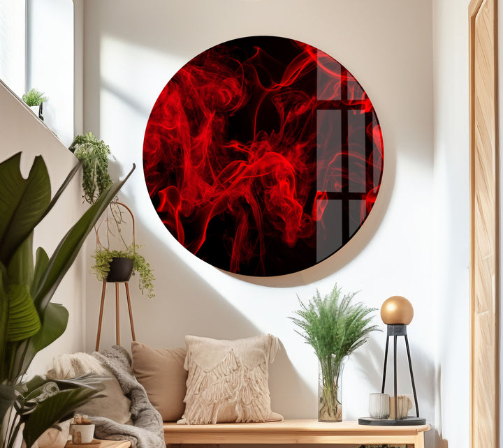 Red Smoke with Black Background Glass Wall Decor for Living Room Spaces