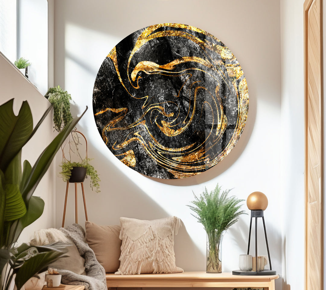 Black and Gold Marbling Mix Glass Wall Art , picture on glass wall art, photos printed on glass