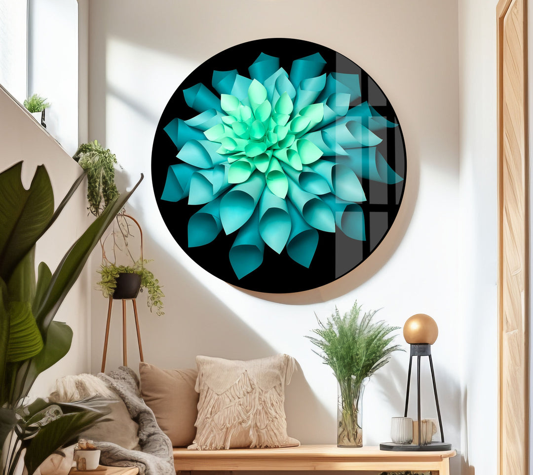 Green Paper Origami Flower Glass Wall Art, glass image printing, glass prints from photos
