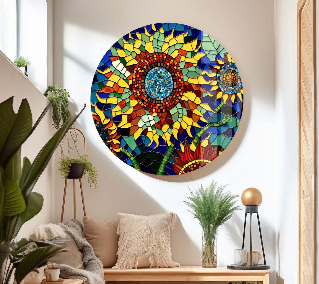 Mosaic Of Sunflowers Glass Wall Art, custom glass photo prints, large glass prints