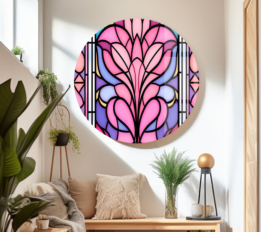 Stained Pink Floral Glass Wall Art photo print on glass, prints on glass wall art