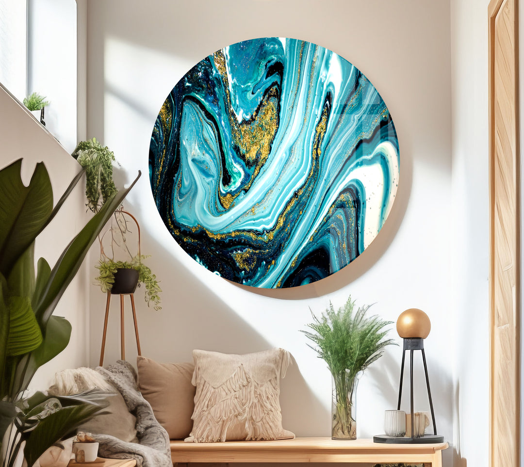 Round turquoise blue abstract glass printing wall arts