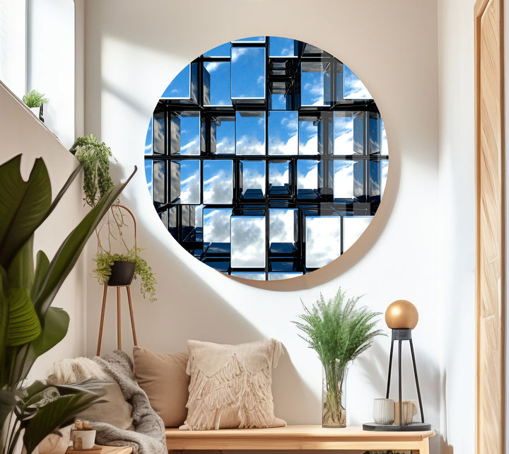 Mirror Effect Tempered Glass Wall Art -Mirror Effect 3D Cubes Glass Artwork for Living Room