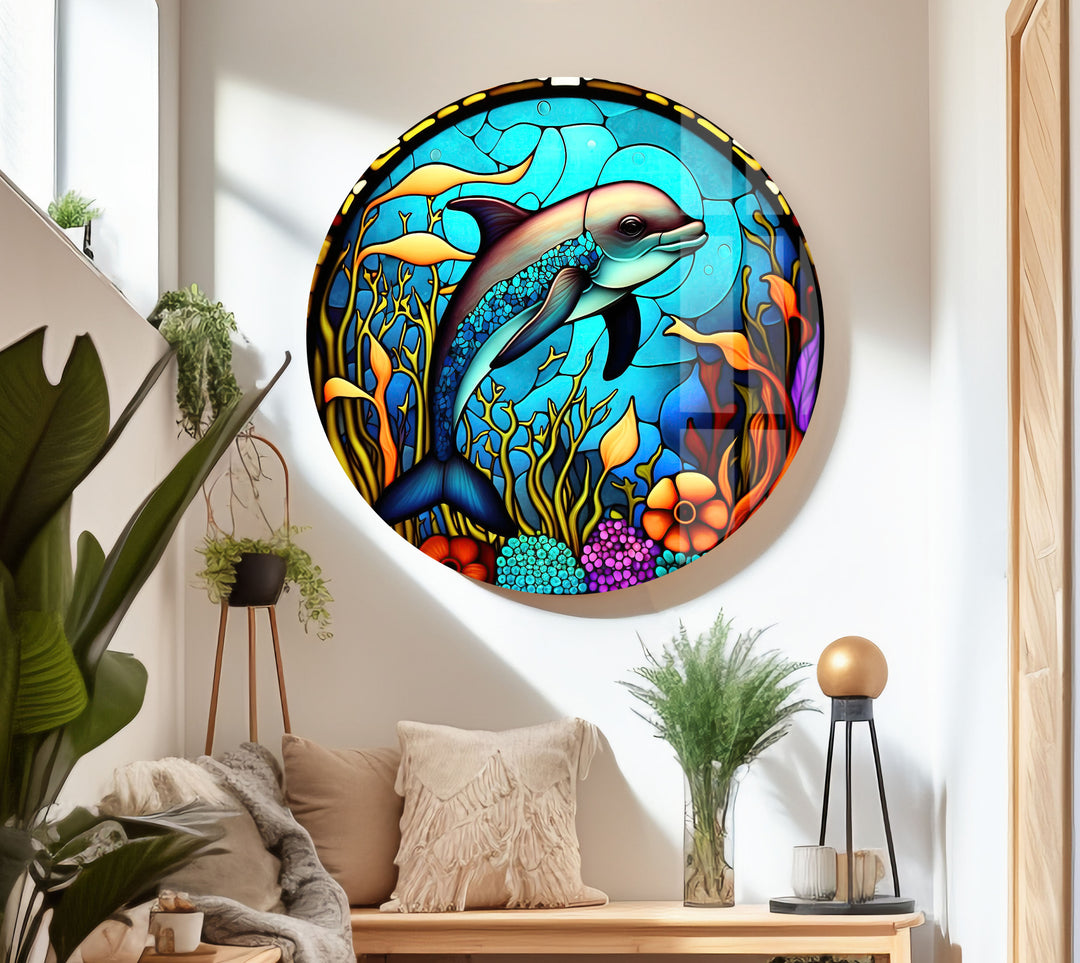 Dolphin in The Ocean Glass Wall Art             glass wall decor, glass wall art decor