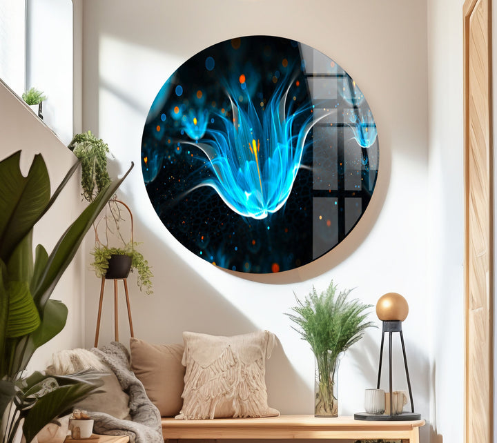 Neon Blue Flower Glass Wall Art, custom glass pictures, glass art prints