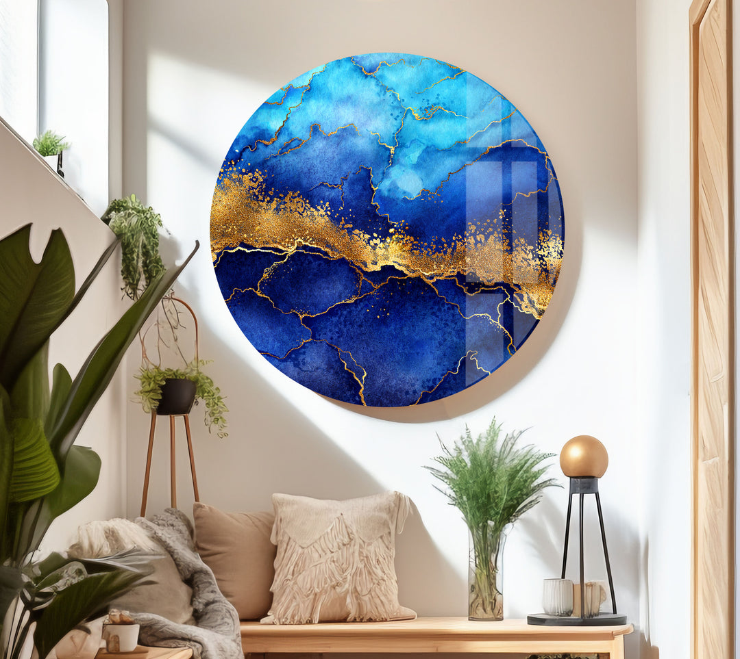 Blue and Golden Abstract Glass Wall Art glass photo prints, glass picture prints