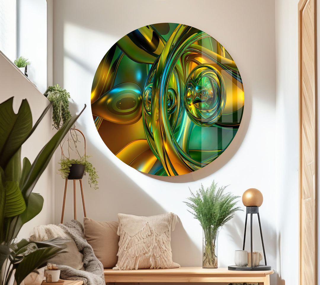 Shiny Gold And Green Abstraction Glass Wall Art