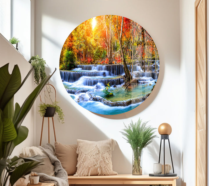 Waterfall in Autumn Forest Glass Wall Art