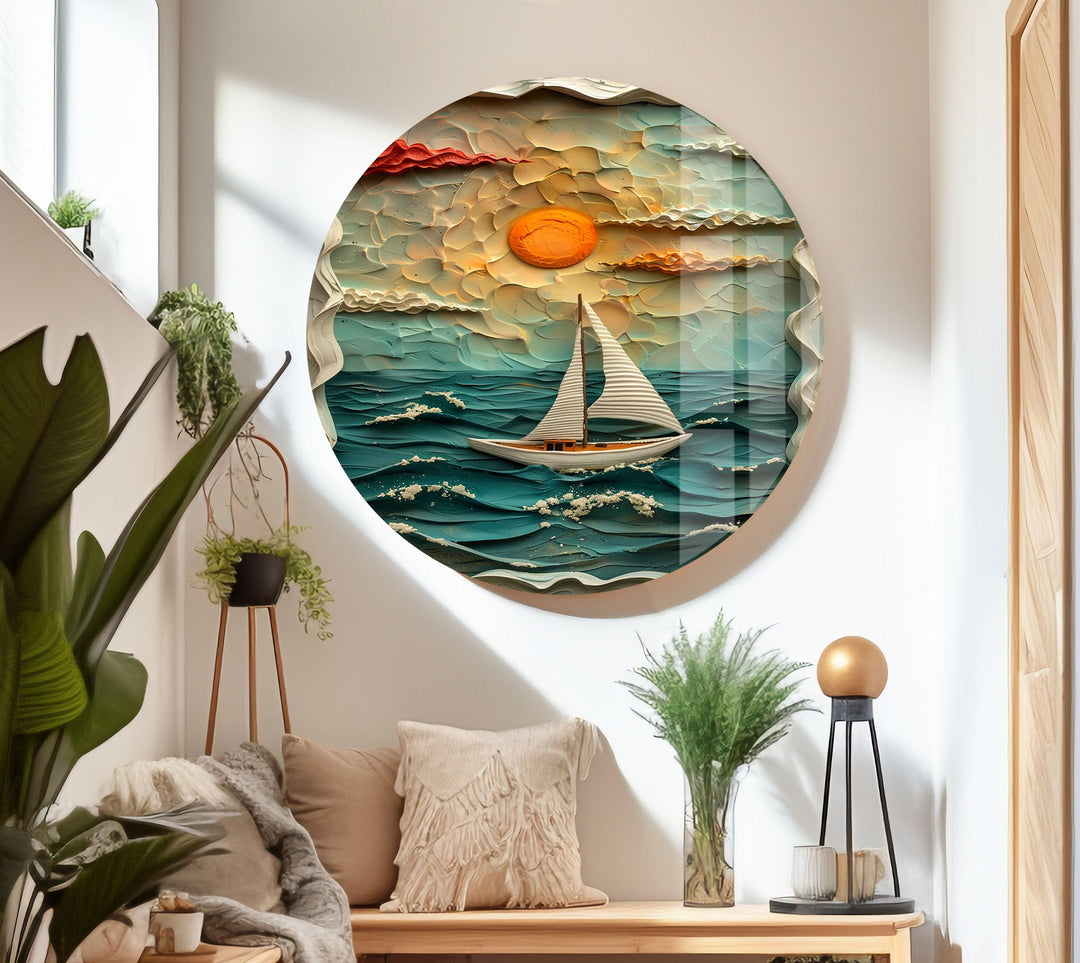 Sunset & Boat Clay Glass Wall Art Glass Printing Wall Art, Print photos on glass
