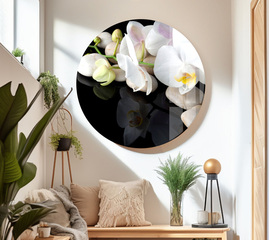 White Orchid Flower Glass Wall Art, art glass wall art, glass wall art pictures