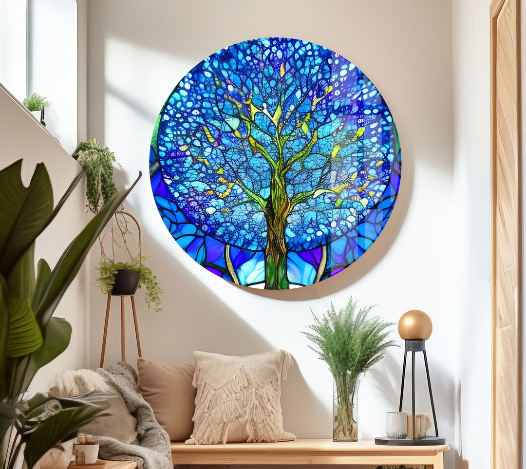 Stained Glass Of Tree Of Life In Blue Glass Wall Art, art glass wall art, glass wall art pictures