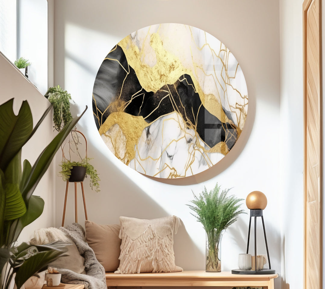 Gold and Black Marble Whirlpool Glass Wall Art