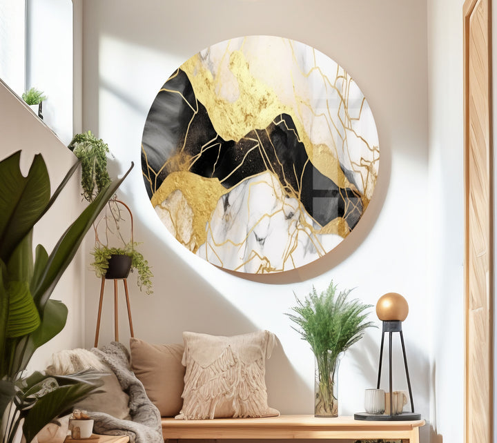 Gold and Black Marble Whirlpool Glass Wall Art