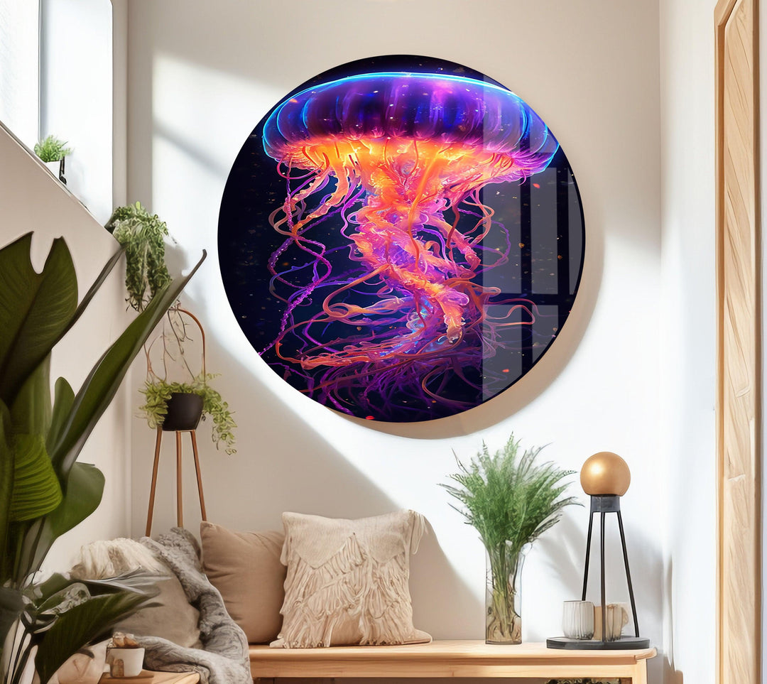 Jelly Fish Color Neon Glass Wall Art stained glass wall art, stained glass wall decor
