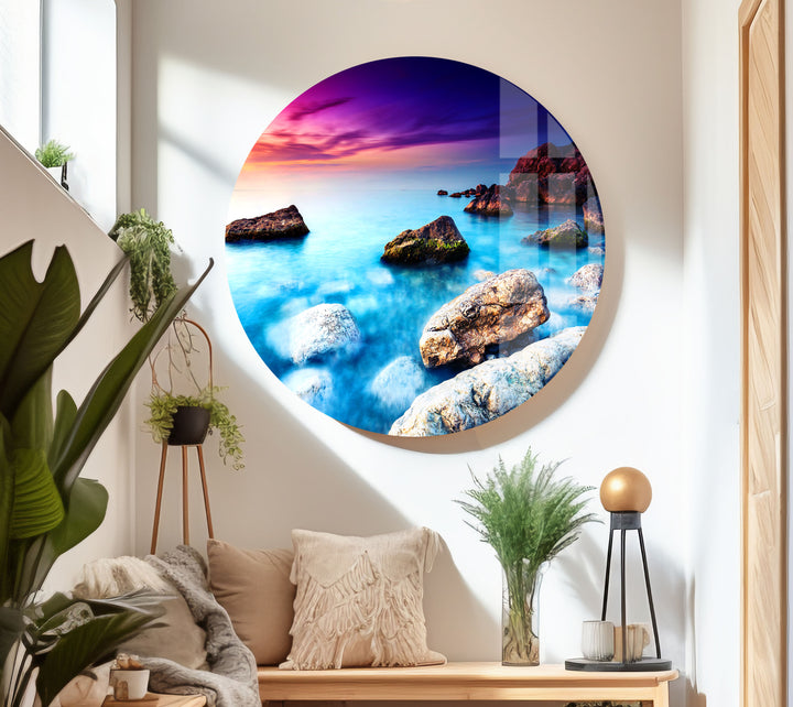 Vivid Sunset Over Rocks Glass Wall Art