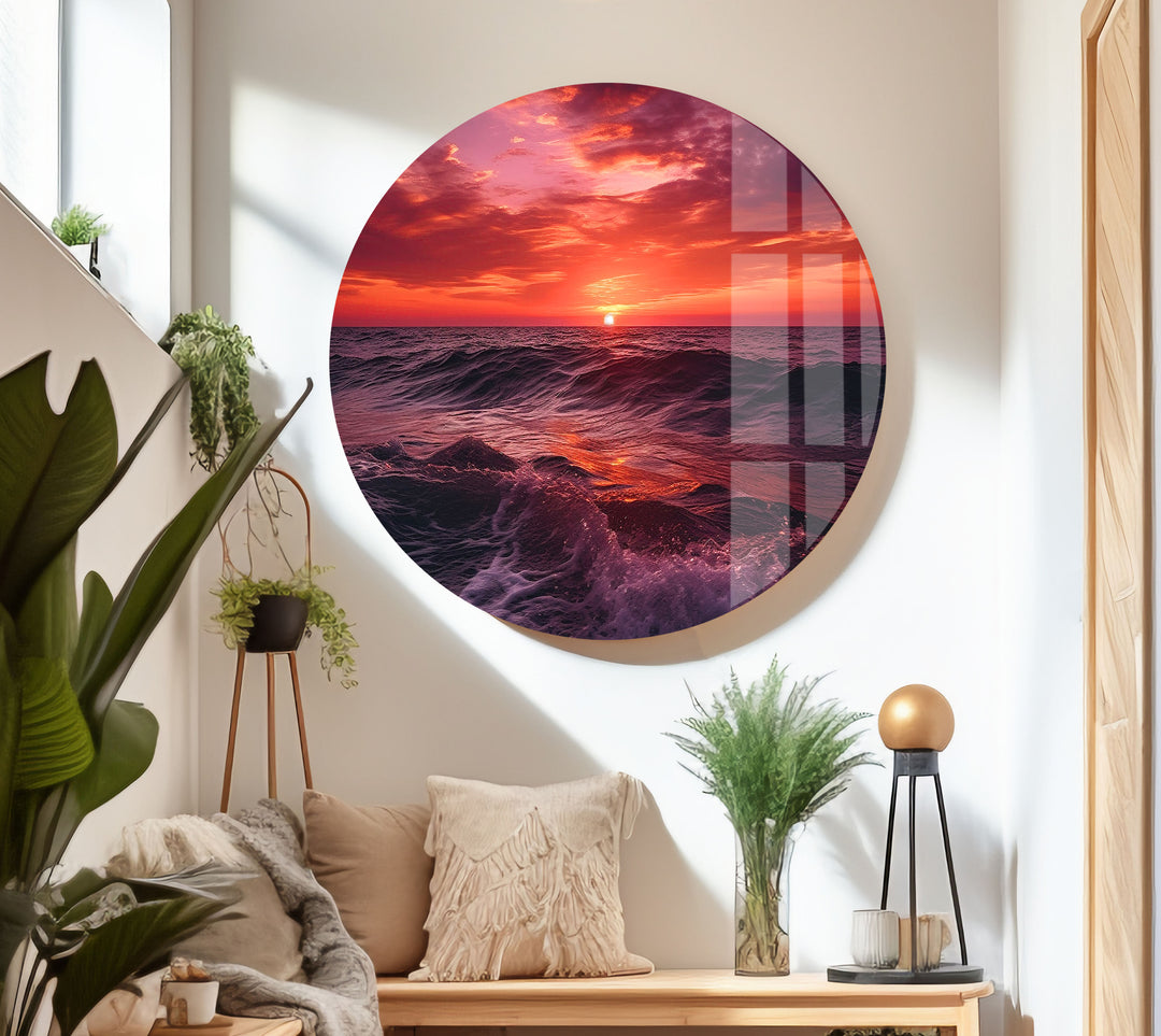 Red Sunset & Big Waves Glass Wall Art glass photo prints, glass picture prints