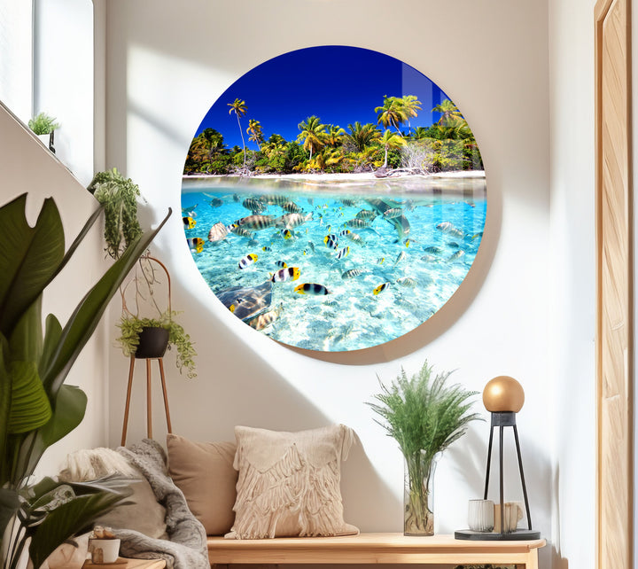 Tropical Fish & Palm Trees Glass Wall Art