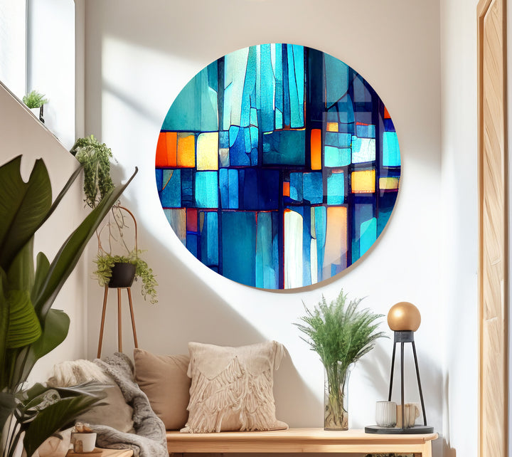 Blue Vibrant Stained Glass Wall Art photo print on glass, prints on glass wall art