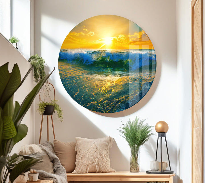 Sunrise Ocean Waves Glass Wall Art