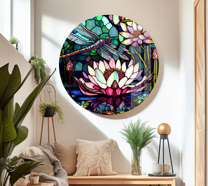 Stained Glass Dragonfly With Flower Glass Wall Art, glass art painting, glass art for the Wall