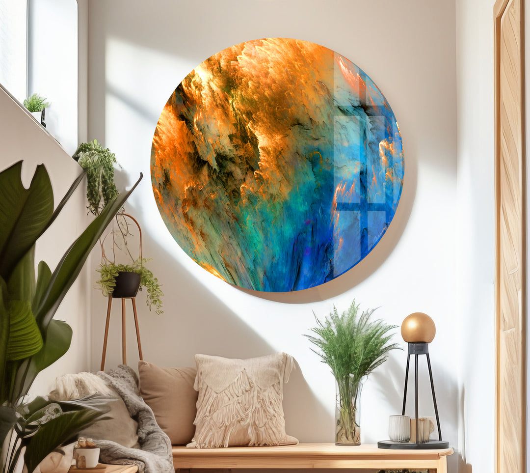 Blue Gold Abstract Wall Art Printed on Glass