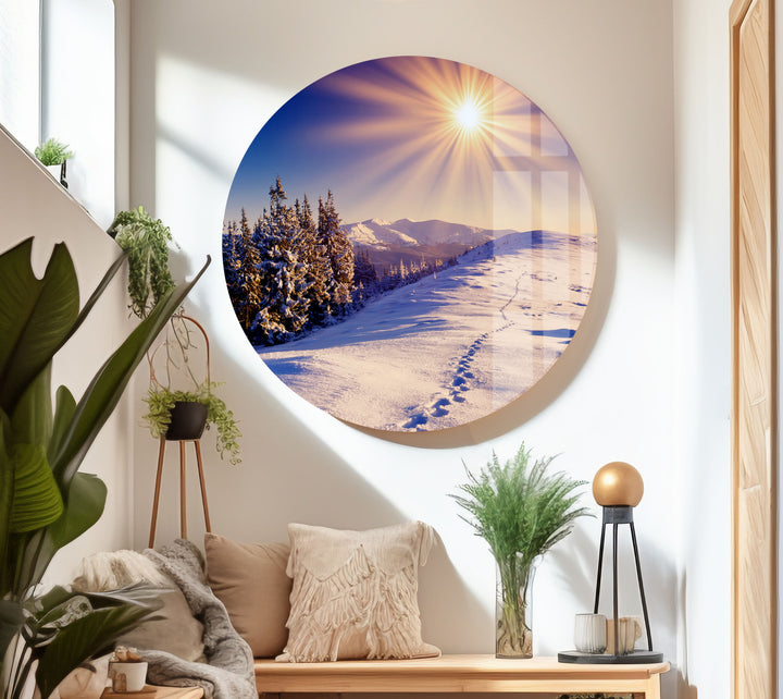 Snowy Forest Sunset Glass Wall Art photo print on glass, prints on glass wall art