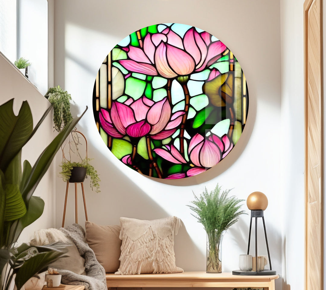 Stained Glass Pink Water Lily Glass Wall Art, art glass wall art, glass wall art pictures