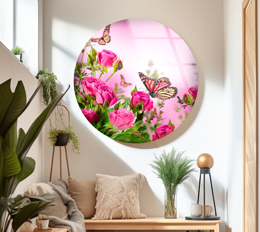 Pink Rose Butterfly Glass Wall Art, glass image printing, glass prints from photos