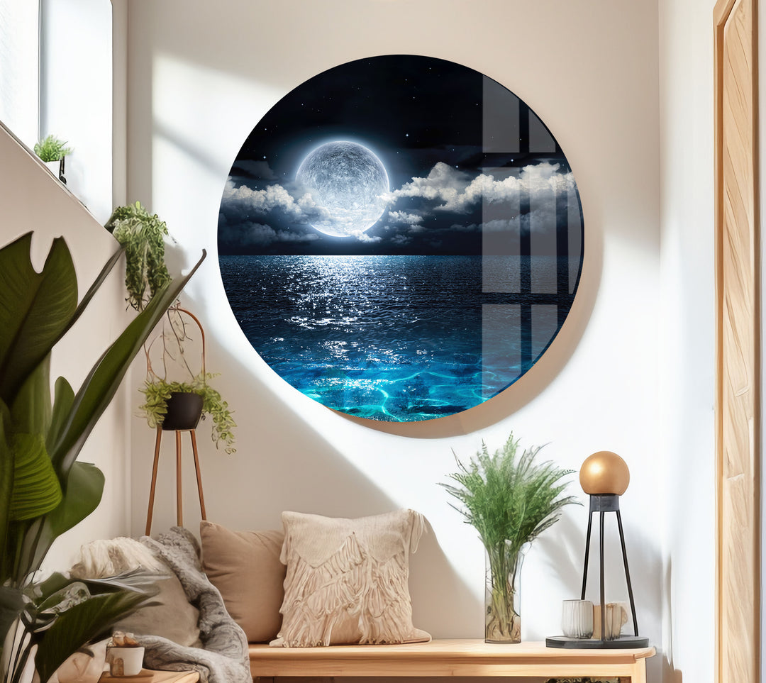 Moon Over The Ocean Glass Wall Art             glass wall decor, glass wall art decor