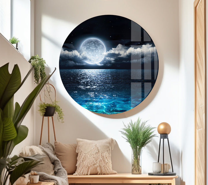 Moon Over The Ocean Glass Wall Art             glass wall decor, glass wall art decor