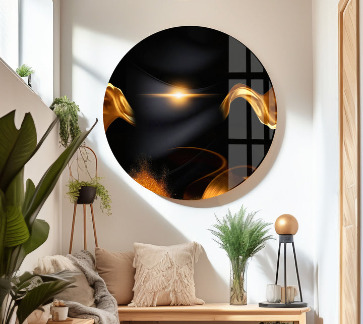 Gold Waves on Black Abstract Glass Wall Art, large glass photo prints, glass wall photos