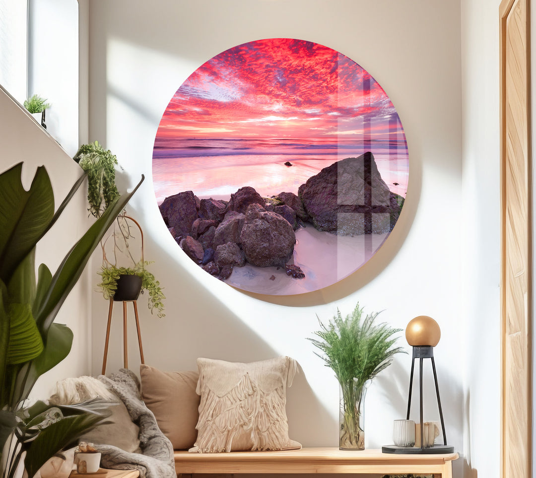 Sunset Landscape & Rocks Glass Wall Art