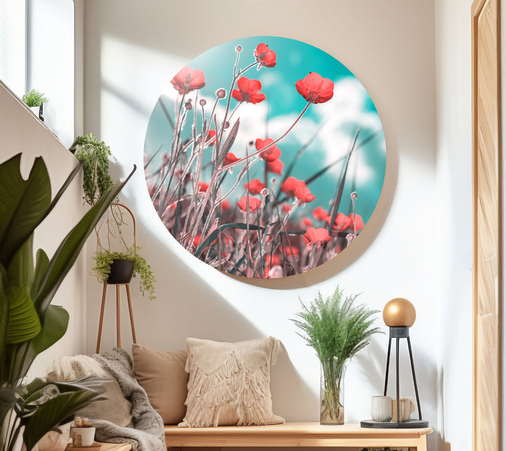 Red Poppies Glass Wall Art, glass art painting, glass art for the Wall