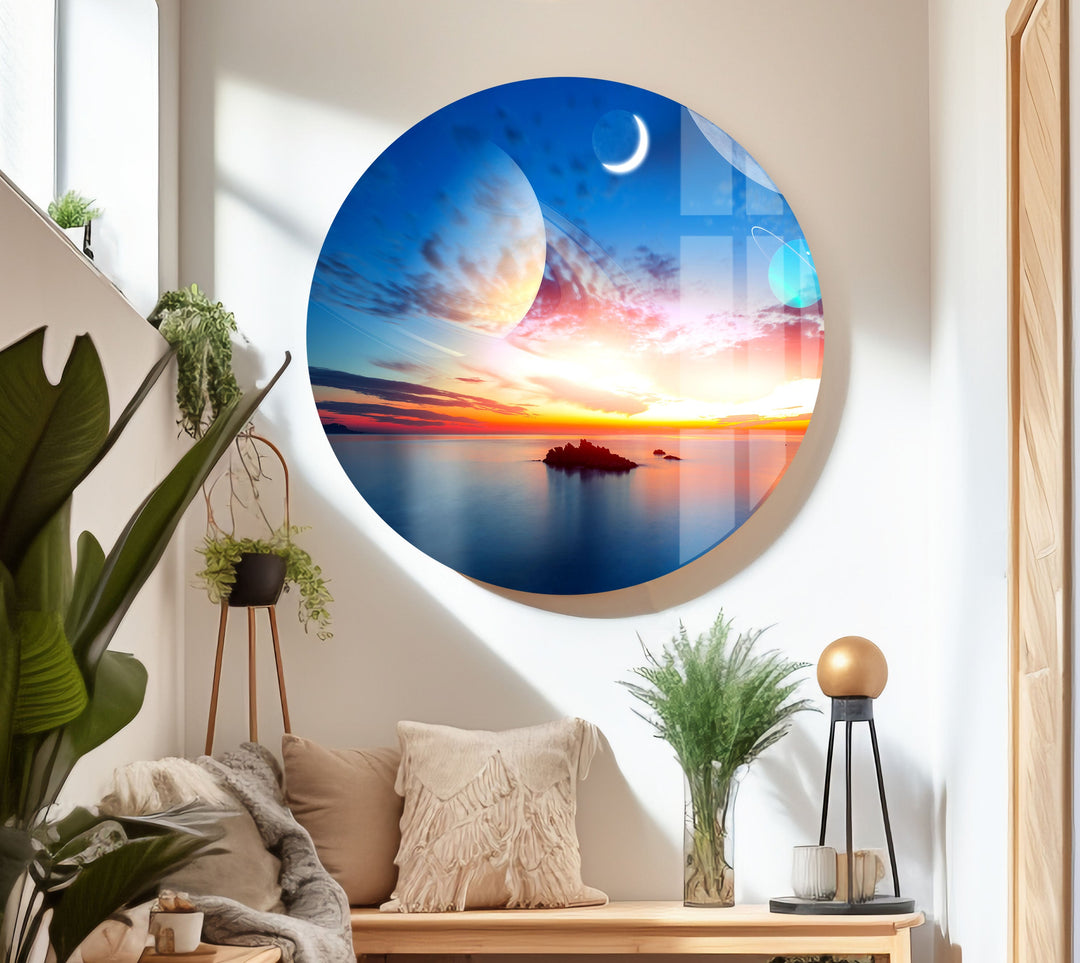 Sunset On The Sea&Planets Glass Wall Art, glass photo prints, glass picture prints