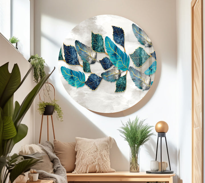 Blueish Golden Leaves Glass Wall Art, large glass photo prints, glass wall photos