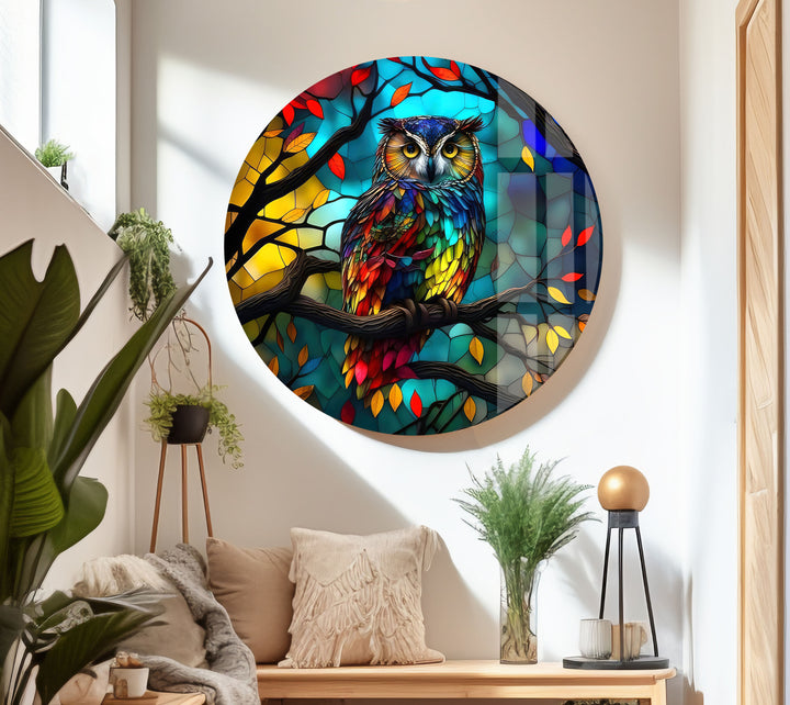 Brightly Coloured Owl Glass Wall Art             glass wall decor, glass wall art decor