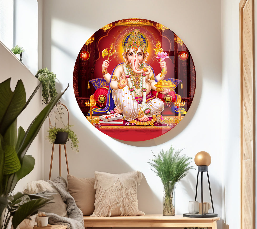 Red Lord Ganesha Glass Wall Decor | Glass Art Paintings