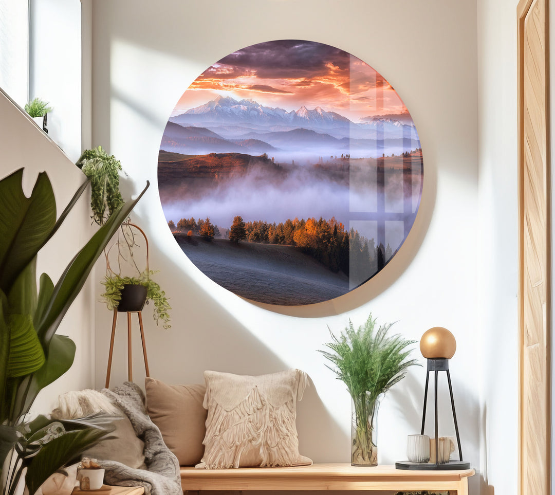 Foggy Sunrise Mountain Glass Wall Art custom glass photo prints, large glass prints