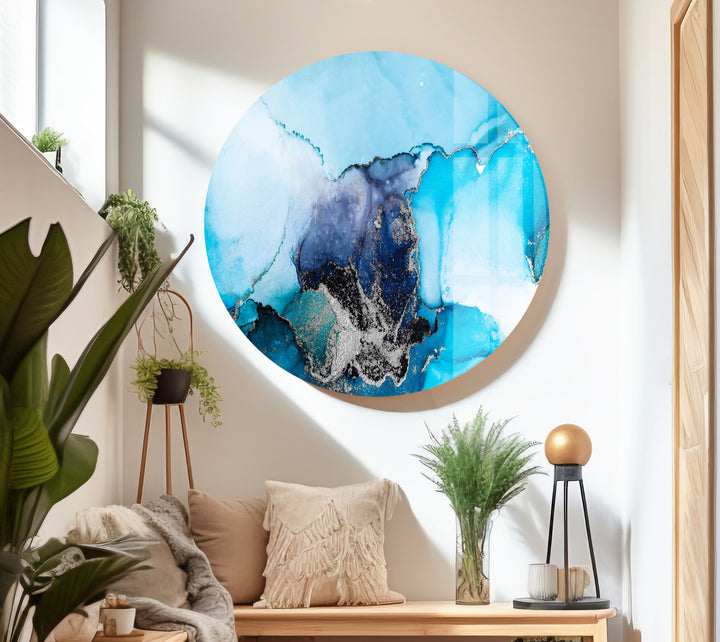 Blue with Silver Alcohol ink Vibrant Abstract Glass Wall Art Decor