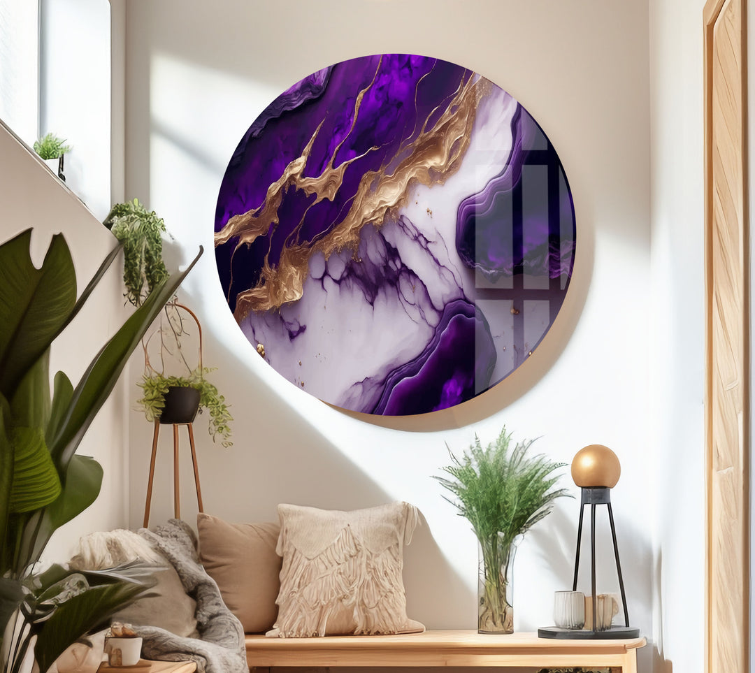 white background with purple and gold veins abstract round glass wall art