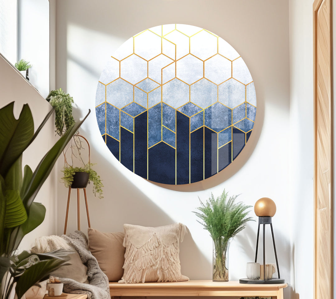 Blue Hexagons Abstract Round Glass Wall Art