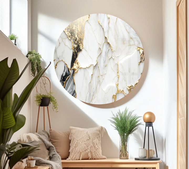 Round Gold and White marble Abstract Tempered Glass Wall Art - MyPhotoStation